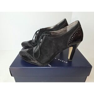 Anne Klein Womens Black Suede Patent Leather Wingtip Oxford Boot Heels 7.5
346